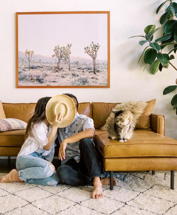 A couple enjoying itme together in their living room with their cat